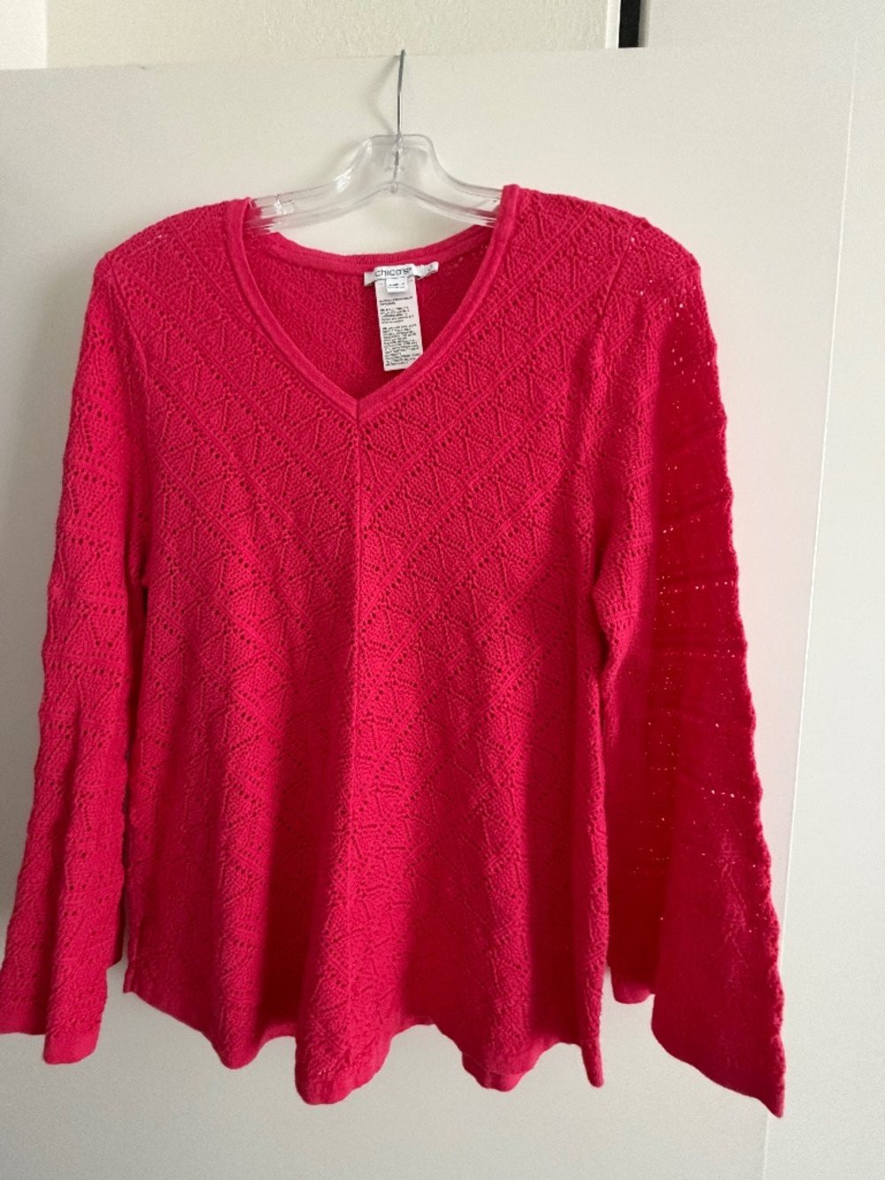 Chico's Bright Pink V-Neck Openwork Knit Sweater